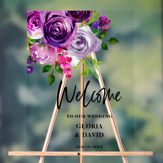 Romantic Paarse Floral Weddenschap Welkom Acryl Bord (Neutraal)