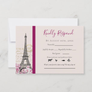 Romantic Paris Eiffel Tower Pink Blossom Bourgogne RSVP Kaartje