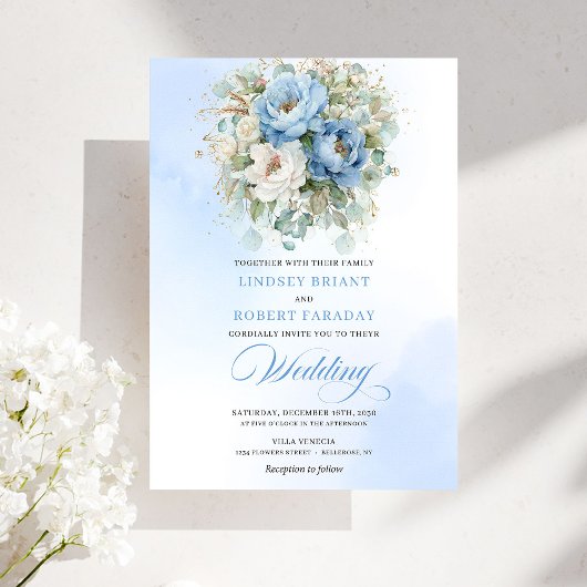 Romantic Pastel Blue Peony Eucalyptus Gold Wedding Kaart