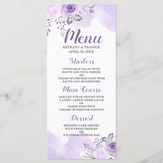 Romantic Pastel Paars Floral Chic Wedding Menu (Voorkant)
