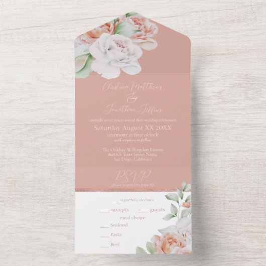 Romantic Peach en White Flowers All In One Uitnodiging (Binnen)