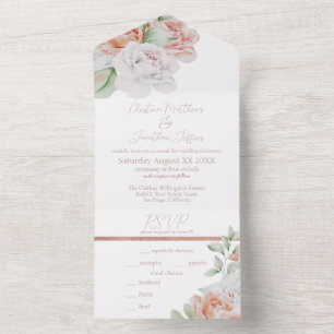 Romantic Peach en White Waterverf Flowers All In One Uitnodiging