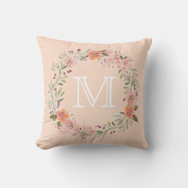 Romantic Peach Floral Monogram Kussen (Voorkant)