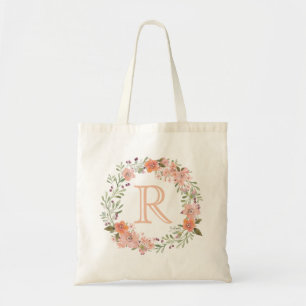 Romantic Peach Floral Monogram Tote Bag