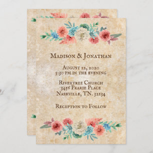Romantic Peach   Turquoise Floral Wedding Kaart