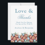 Romantic Peonies & Tulips Mariage Merci Cartes<br><div class="desc">Un bouquet de fleurs magnifiquement illustré. Le bouquet se compose de grandes pivoines vibrantes dans les tons terre cuite et bleu, complétées par de petites tulipes bleues. Il y a aussi des feuilles verts et des accents dorés, qui peuvent représenter des tiges ou d'autres éléments floraux. Les fleurs sont positionnées...</div>