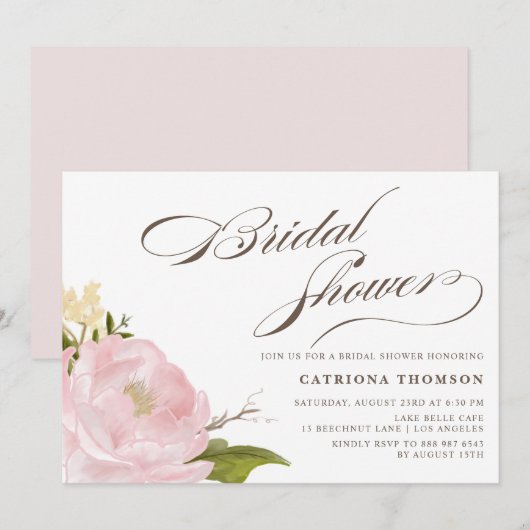 Romantic Peony Flower Bridal Shower Invitation Kaart (Voorkant / Achterkant)