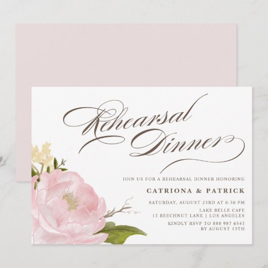 Romantic Peony Flower Rehearsal Dinner Invitation Kaart (Voorkant / Achterkant)
