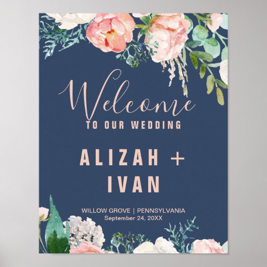 Romantic Peony Flowers | Blue Welcome Wedding Poster (Voorkant)
