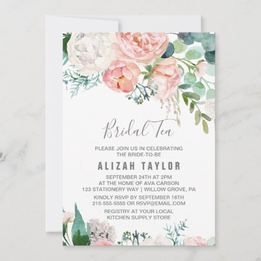 Romantic Peony Flowers Bridal Tea Kaart (Voorkant)