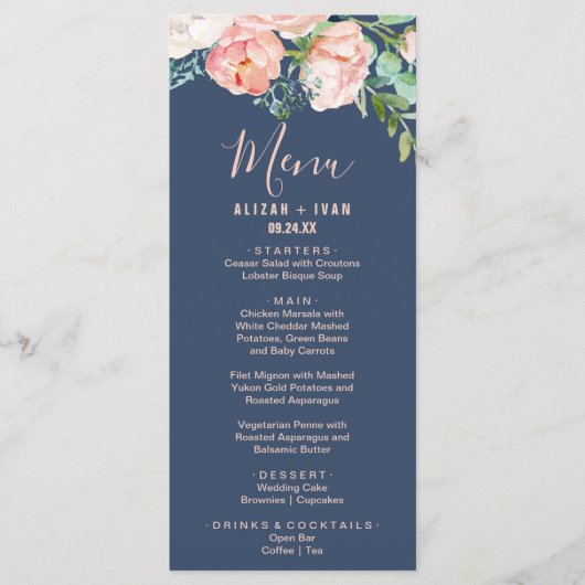 Romantic Peony Flowers | Kaart menu Blauw menu (Voorkant)