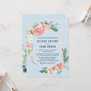 Romantic Peony Flowers   Light Blue Wedding Invita Kaart