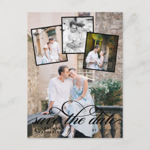Romantic Photo Collage Wedding Black Script Aankondigingskaart