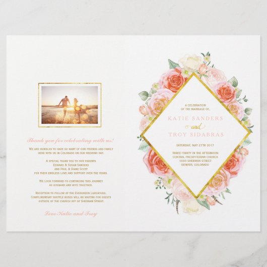 Romantic Pink and Coral Rozen Wedding Programs (Voorkant)