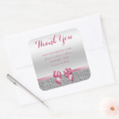Romantic Pink Bow & Silver Glitter Dank u Vierkante Sticker (Envelop)