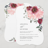 Romantic Pink en Burgundy Floral Wedding Kaart (Voorkant / Achterkant)