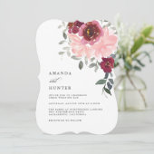 Romantic Pink en Burgundy Floral Wedding Kaart (Staand voorkant)