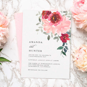 Romantic Pink en Burgundy Floral Wedding Kaart
