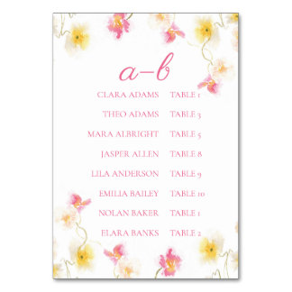 Romantic Pink Floral Alphabet Seating Chart Card Kaart