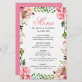Romantic Pink Floral Border Wedding Menu Kaart (Voorkant / Achterkant)