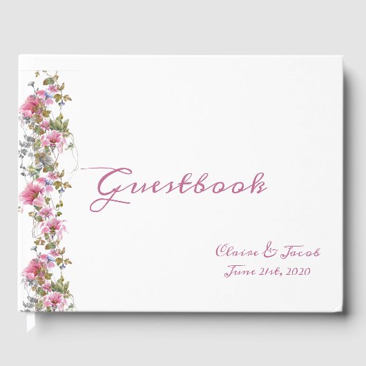 Romantic Pink Floral Waterverf Script Gastenboek (Voorkant)