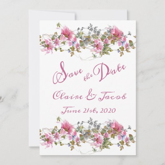 Romantic Pink Floral Waterverf Script Save The Date (Voorkant)