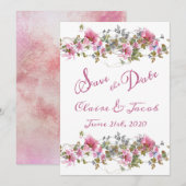 Romantic Pink Floral Waterverf Script Save The Date (Voorkant / Achterkant)