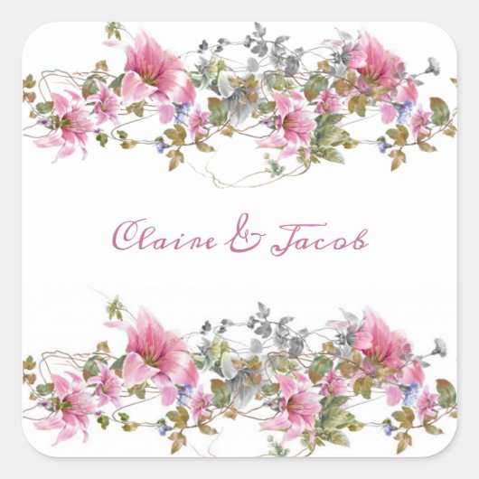 Romantic Pink Floral Waterverf Script Vierkante Sticker (Voorkant)