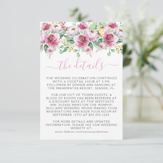 Romantic Pink Floral Wedding Informatiekaartje (Staand voorkant)