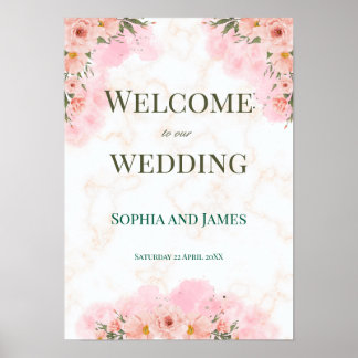 Romantic Pink Flowers Wedding Sign Poster