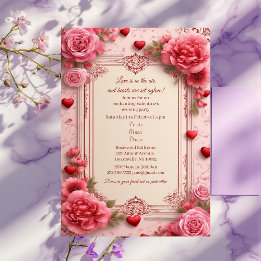 Romantic Pink Heart Motifs Valentine Party Floral  Kaart