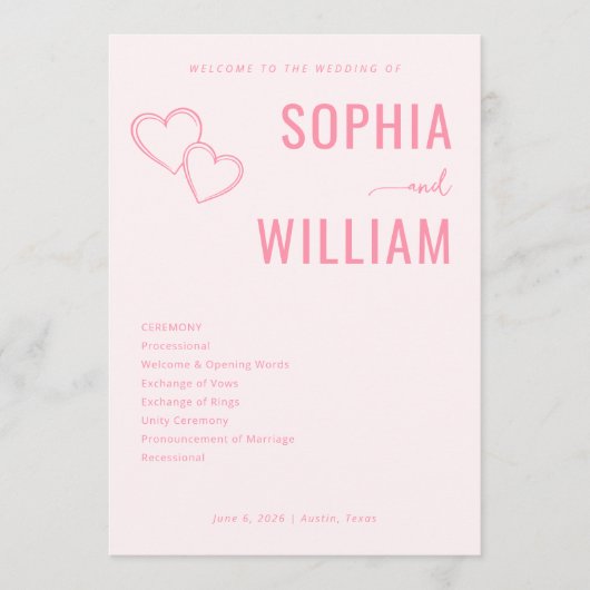 Romantic Pink Heart Wedding Invitations Programma (Voorkant)