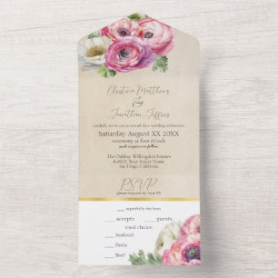 Romantic Pink Ranunculus on Rustic Parchment All In One Uitnodiging