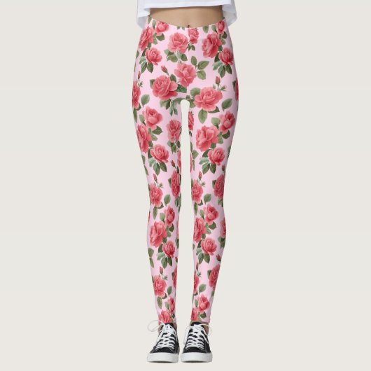 Romantic Pink Roses Botanical Pattern Leggings (Voorkant)