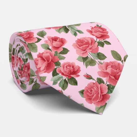 Romantic Pink Roses Botanical Pattern Stropdas (Opgerold)