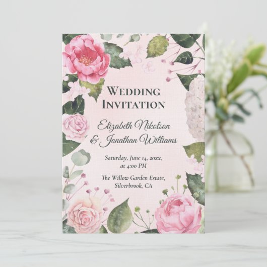 Romantic Pink Roses Wedding Invitation (Debout devant)