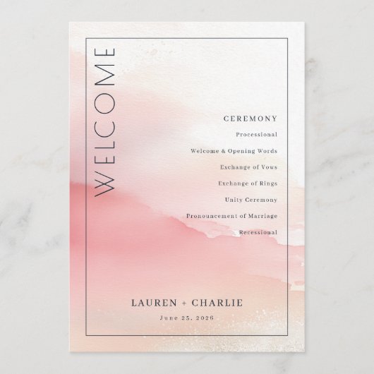 Romantic Pink Watercolor Ceremony Schedule Programma (Voorkant)
