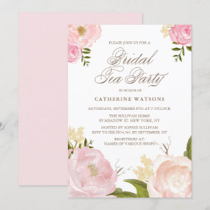 Romantic Pink Waterverf Flowers Bridal Tea Party Kaart