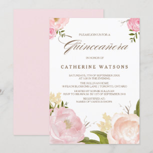 Romantic Pink Waterverf Flowers Quinceañera Kaart