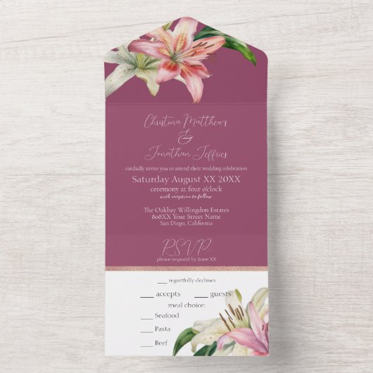 Romantic Pink & White Lilis on Fuchsia All In One Uitnodiging (Binnen)