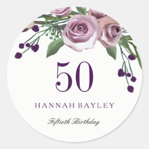 Romantic Plum Paars Roos Floral 50th Birthday Ronde Sticker
