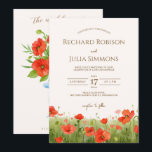 Romantic Poppy Floral Faire-part de mariage rouge<br><div class="desc">Ce romantique faire-part de mariage rouge floral coquelicot est parfait pour un mariage de printemps, d'été, d'automne ou d'hiver. La belle collection élégante et unique est décorée d'illustrations sur le thème du pavot. Les deux côtés sont très soigneusement conçus, et les aquarelles rouges, vertes et bleues forment une combinaison fantastique....</div>