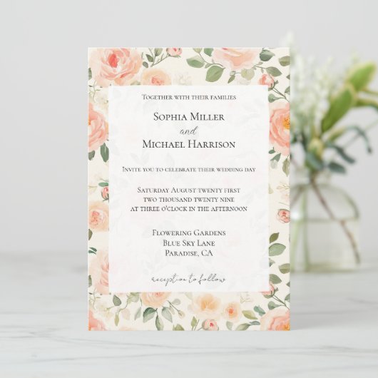 Romantic Pretty Cream Peach Floral Wedding Kaart (Staand voorkant)
