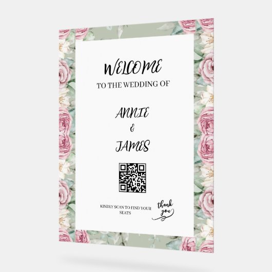 Romantic QR code Wedding seating welcome sign (Angle)