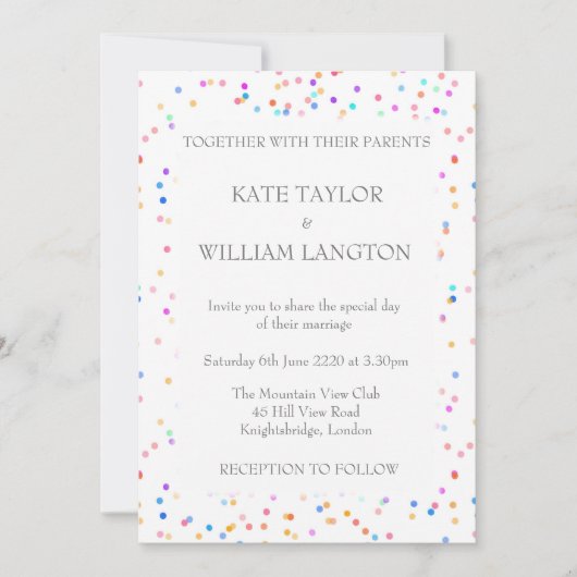 Romantic Rainbow Confetti Wedding Invitation Kaart (Voorkant)