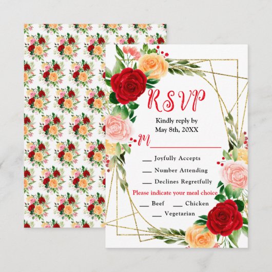 Romantic Red and Orange Roses RSVP Kaartje (Voorkant / Achterkant)