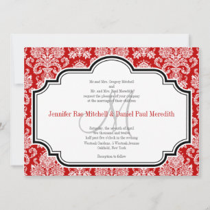 Romantic Red Damask Black White Wedding Invites Kaart