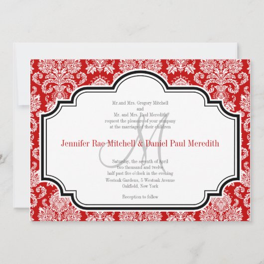 Romantic Red Damask Black White Wedding Invites Kaart (Voorkant)