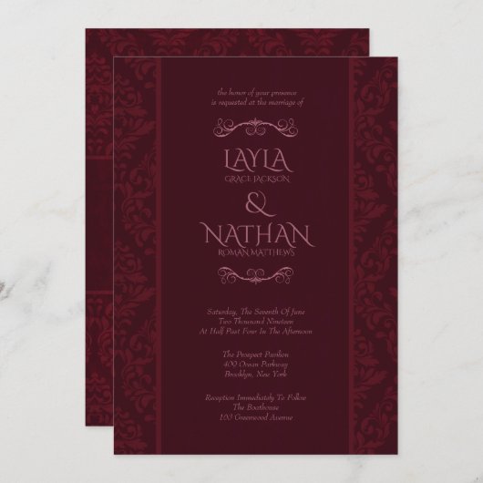 Romantic Red Damask Wedding Invitations Kaart (Voorkant / Achterkant)