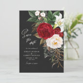 Romantic Red Floral Black Parchment Ivory Wedding Save The Date (Staand voorkant)